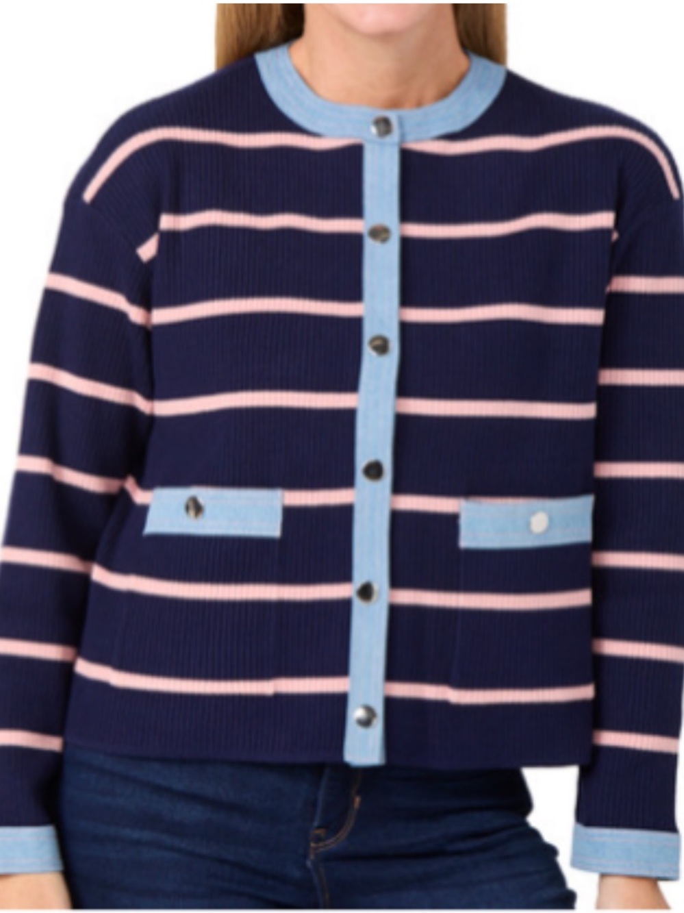 NWT Nanette Lepore Navy sweater with Pink stripes and Light Blue trim S & XL